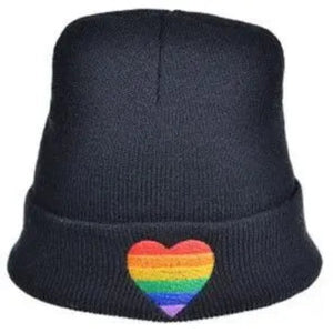Black Beanie Hat WIth Pride Love Heart