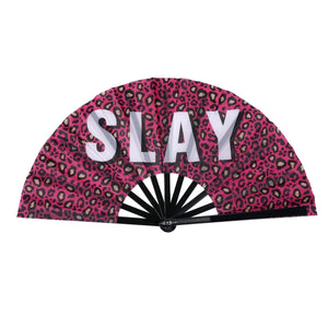X Large cracking fan with Slay on pink leopard print
