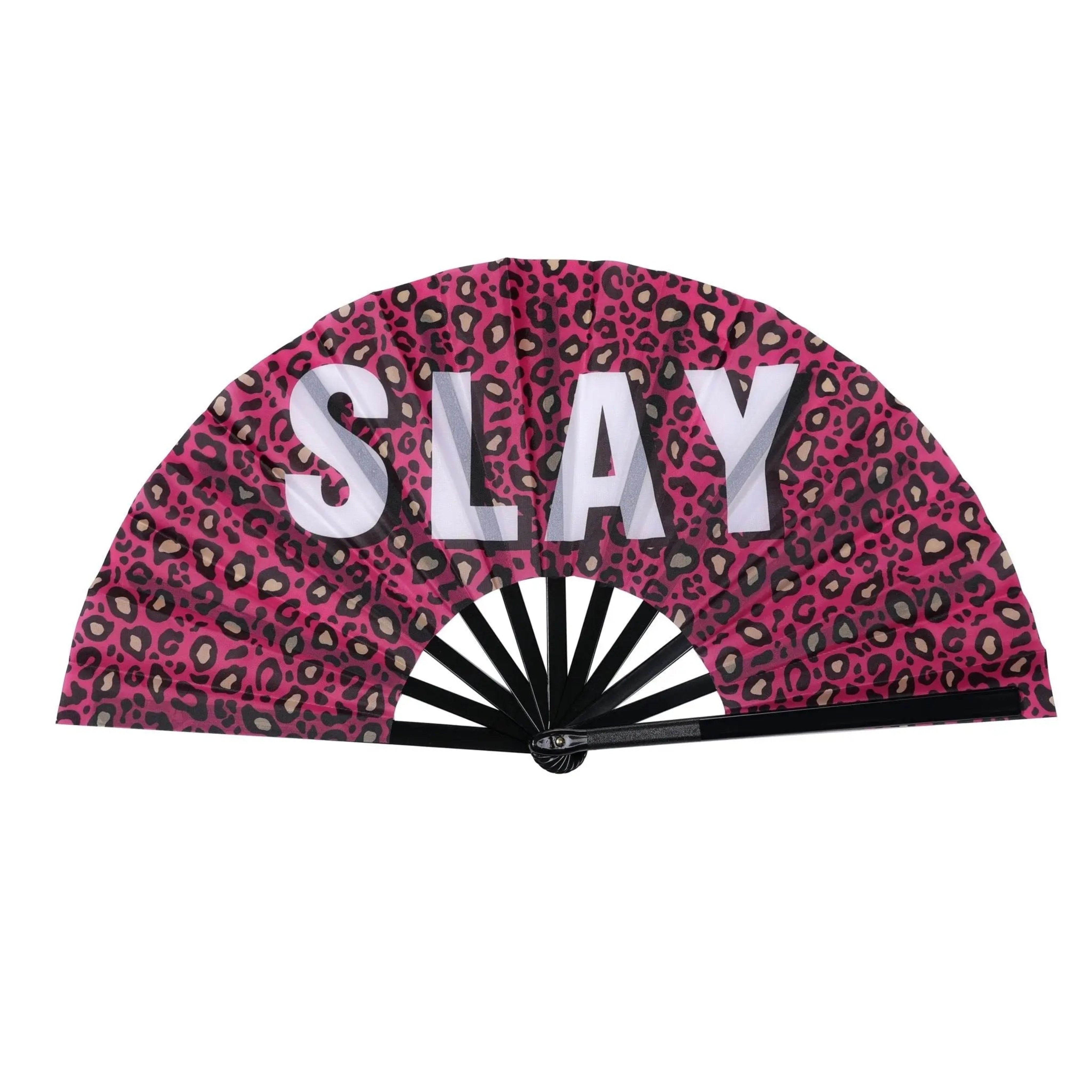 X Large cracking fan with Slay on pink leopard print